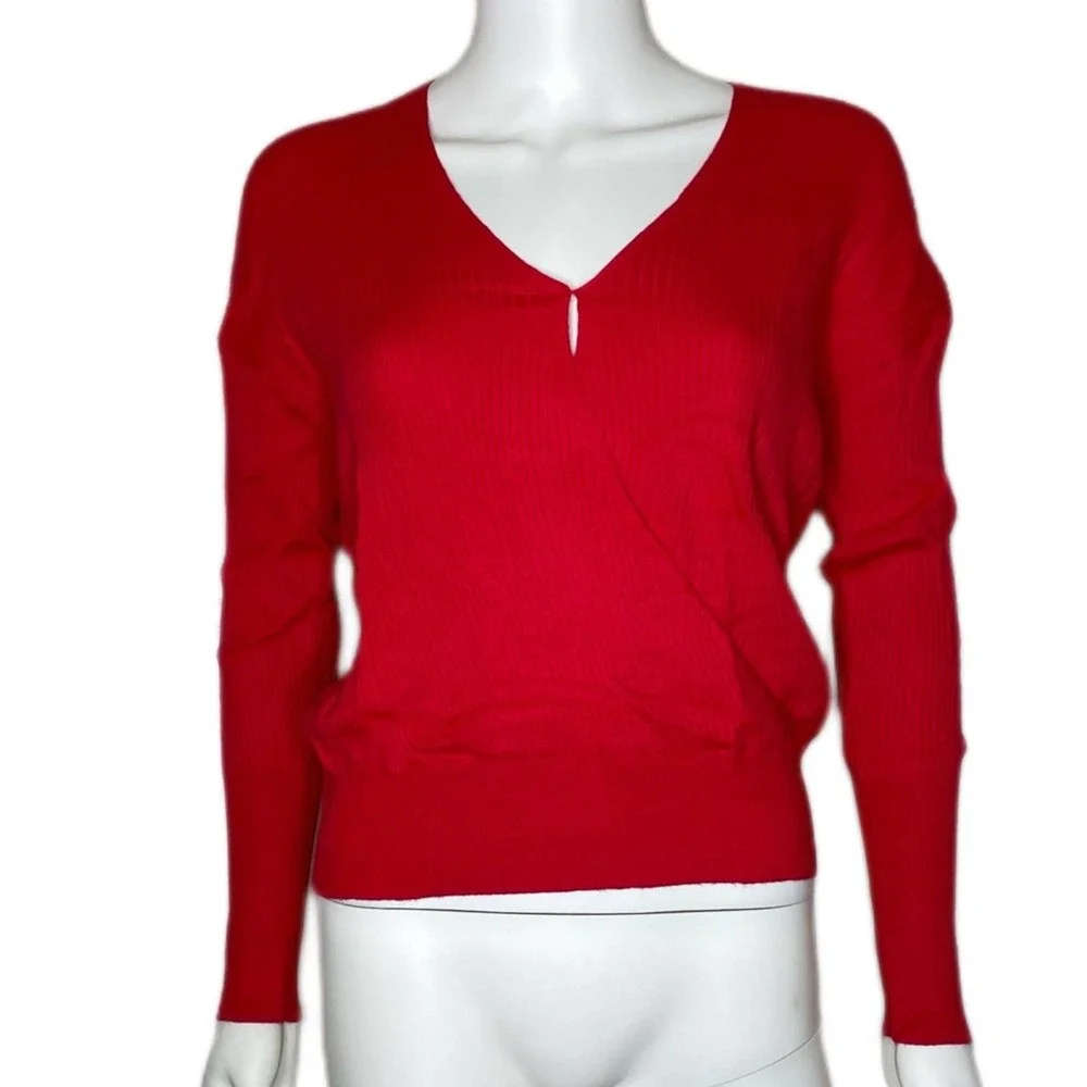 Elodie Women's Red Ribbed Knit Surplice Neck Long Sleeve Pullover Top sz S - Picture 2 of 4
